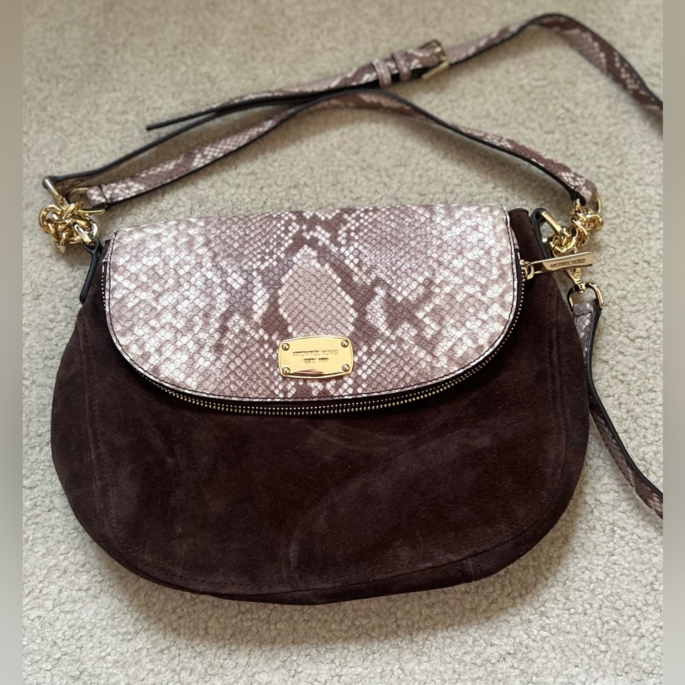 Michael Kors Embossed Python Brown Suede Shoulder… - image 1
